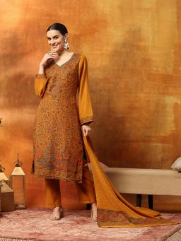 Nayam by lakshita - Mustard Floral Wool Blend Kurta with Pant and Dupatta