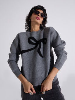 MIXT by Nykaa Fashion - Grey Round Neck Bow Detail Oversized Sweater