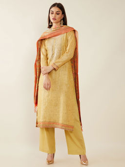 Soch - Light Gold Machine Embroidery Chanderi Unstitched Dress Material ( Set of 3 )