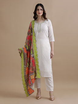 Jaipur Kurti - Off White Embroidered Cotton Blend Kurta with Pant and Dupatta (Set of 3)