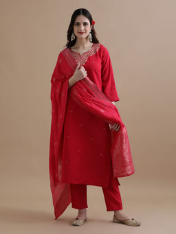 Jaipur Kurti - Red Embroidered Chanderi Kurta with Pant and Dupatta (Set of 3)
