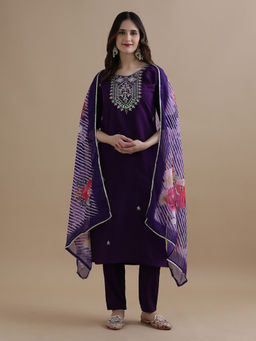 Jaipur Kurti - Purple Embroidered Chanderi Kurta with Pant and Dupatta (Set of 3)