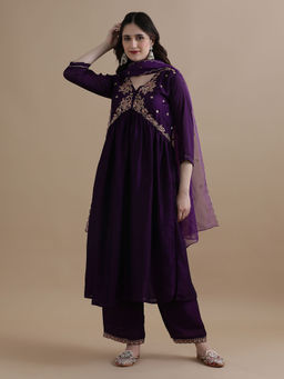 Jaipur Kurti - Purple Floral Embroidered Silk Blend Kurta with Palazzo and Dupatta (Set of 3)