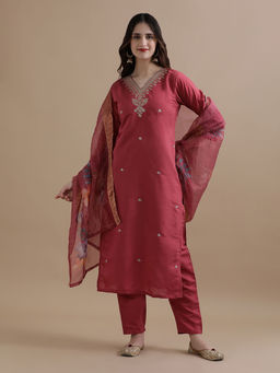 Jaipur Kurti - Red Embroidered Chanderi Kurta with Pant and Dupatta (Set of 3)