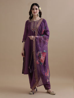 Jaipur Kurti - Purple Floral Embroidered Chanderi Kurta with Pant and Dupatta (Set of 3)