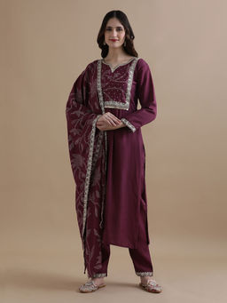 Jaipur Kurti - Purple Embroidered Chanderi Kurta with Pant and Dupatta (Set of 3)