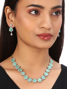 Voylla - American Diamond CZ Seafoam Sliver Pearl Brass Necklace with Blue Stone (Set of 3)