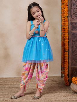 PSPeaches - Girls Blue Ethnic Motifs Embroidered Regular Kurti with Dhoti Pant (Set of 2)