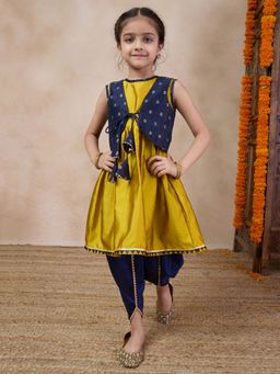 PSPeaches - Girls Mustard & Blue Anarkali Kurta with Dhoti Pant & Jacket (Set of 3)