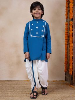 PSPeaches - Boys Blue Yoke Regular Embroidered Work Kurta with Dhoti Pant (Set of 2)