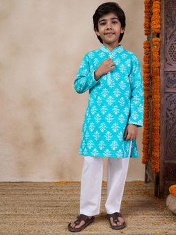 PSPeaches - Boys Blue Ethnic Floral Straight Kurta with Pant (Set of 2)