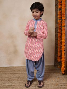 PSPeaches - Boys Peach & Grey Printed Regular Kurta with Salwar (Set of 2)