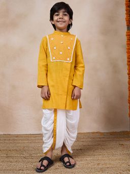 PSPeaches - Boys Mustard Yoke Regular Embroidered Work Kurta with Dhoti Pant (Set of 2)
