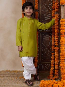 PSPeaches - Boys Olive Embroidered Mirror Work Kurta with Salwar (Set of 2)