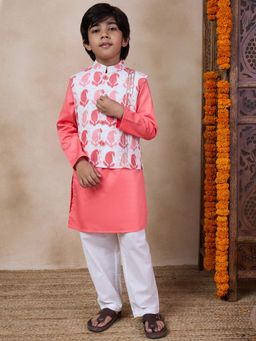 PSPeaches - Boys Peach & White Straight Kurta with Pant & Jacket (Set of 3)