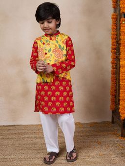 PSPeaches - Boys Red & Yellow Printed Regular Kurta with Pant & Jacket (Set of 3)