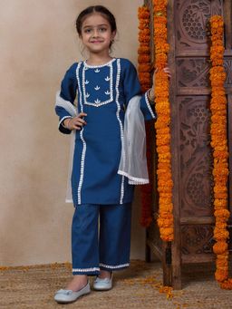 PSPeaches - Girls Blue Embroidered Regular Kurta with Pant & Dupatta (Set of 3)