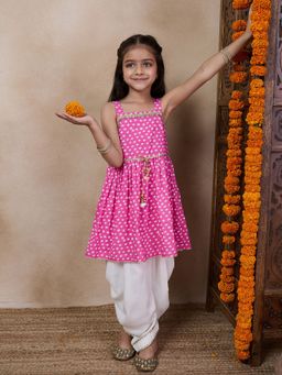 PSPeaches - Girls Pink Bandhani Gotta Patti Kurta with Dhoti Pant (Set of 2)