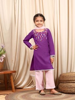 PSPeaches - Girls Purple Straight Kurta with Pant & Dupatta (Set of 3)