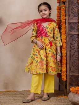 PSPeaches - Girls Yellow Floral Anarkali Kurta with Pant & Dupatta (Set of 3)