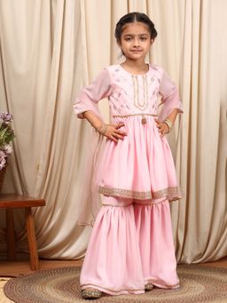 PSPeaches - Girls Pink Embroidered Anarkali Kurti with Sharara & Dupatta (Set of 3)