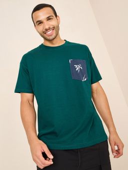 Styli - Rose Printed Pocket Detail Oversized T-Shirt - Green