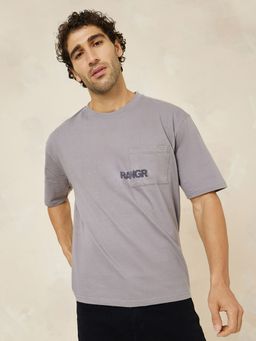 Styli - Pocket Flock Print Cotton Jersey Oversized T-Shirt - Grey