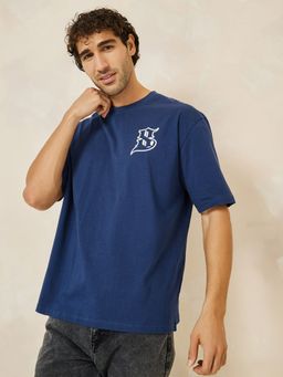 Styli - Calligraphic Print Compact Jersey Oversized T-Shirt - Navy Blue