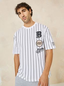Styli - Striped Badges Compact Jersey Oversized T-Shirt - White