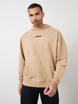 Styli - Oversized Flock Print Fleece Hoodie - Beige