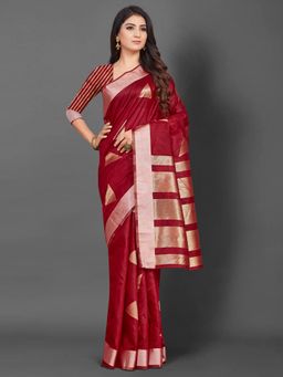 Akhilam - Women Linen Maroon Woven Design Celebrity Saree with Unstitched Blouse