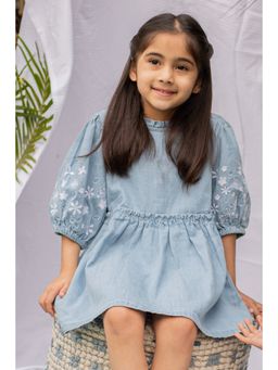 ZACH & KIKI - Girls Denim Embroidered Sleeve Dress