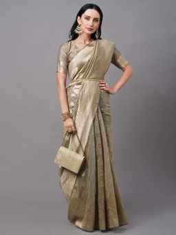 Akhilam - Women Cotton Silk Beige Woven Saree with Unstitched Blouse
