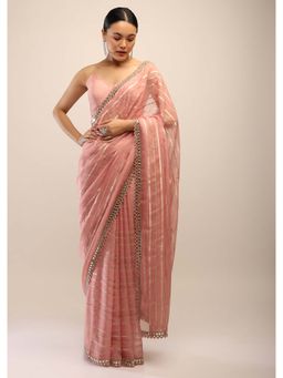 KALKI FASHION - Dusty Rose Pink Saree in Organza Silk Woven Stripes with Unstitched Blouse