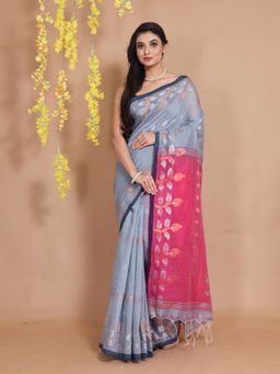 CHARUKRITI - Grey Cotton Handspun Paisley Motifs & Foliage Zari Pallu Saree with Unstitched Blouse