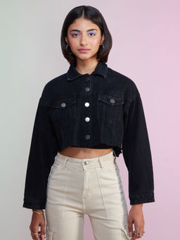MIXT by Nykaa Fashion - Black Solid Full Sleeves Crop Denim Jacket