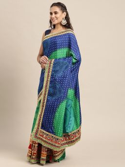 Vastranand - Blue & Green Sequinned Bandhani Saree with Unstitched Blouse
