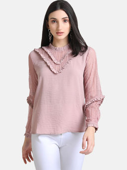 Kazo - Pink Solid Top With Ruffle & Lace Detail