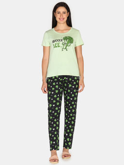 Zivame - Green & Black Rosaline Bon Appetit Knit Cotton T-Shirt with Pyjama (Set of 2)