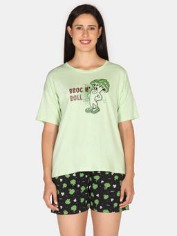 Zivame - Green & Black Rosaline Bon Appetit Knit Cotton T-Shirt with Shorts (Set of 2)