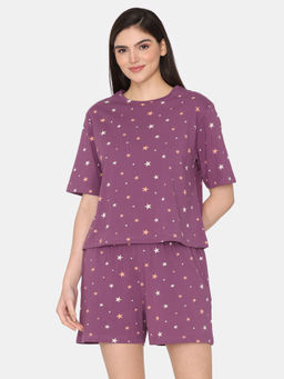 Zivame - Purple Starry Dreams Knit Cotton T-Shirt with Shorts (Set of 2)