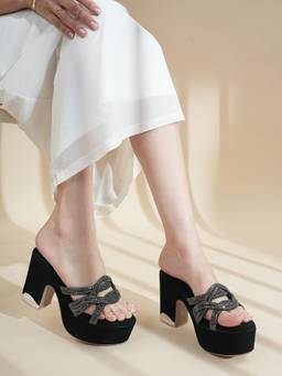 Drop Bold - Black Embellished Block Heels For Women