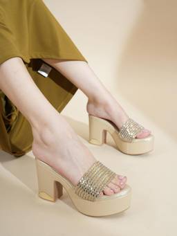 Drop Bold - Gold Embellished Block Heels For Women
