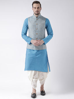 KISAH - Men Blue Kurta Jacket and Dhoti (Set of 3)