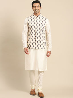 KISAH - Men Off White Kurta Jacket and Churidar (Set of 3)