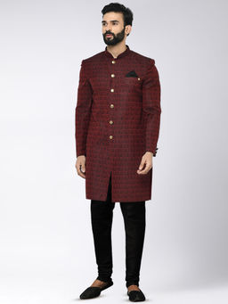 KISAH - Men Maroon Textured Silk Blend Jacquard Indowestern Sherwani Churidar Set with Zari Design