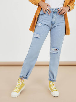Styli - Women Light Blue Distress High Rise Cuffed Leg Boyfriend Jeans