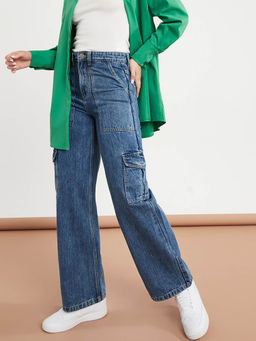 Styli - Women Blue High Rise Wide Leg Jeans with Cargo Pocket