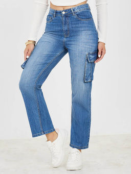 Styli - Women Blue High Rise Straight Leg Cargo Jeans