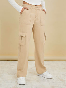 Styli - Women Beige High Rise Relaxed Fit Stretchable Cargo Jeans